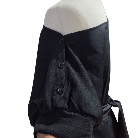 LilyIn Black Sheath Dress Knee Length Asymmetrical Boat Neck Side Pockets Size L - Picture 6 of 11